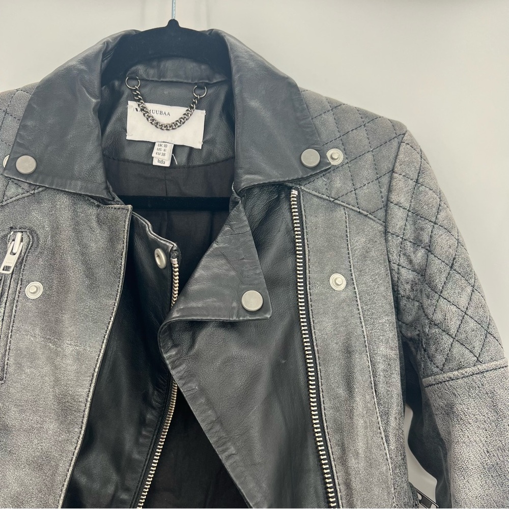 Muubaa Crackle Black Lamb Leather Biker Motorcycle Jacket Quilted Zip Up 6 - Picture 11 of 16
